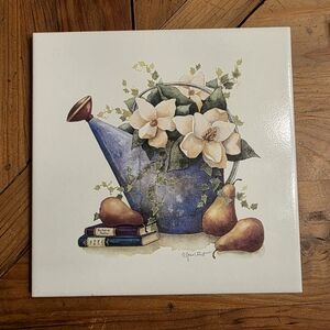 Vintage Annie LaPoint Floral Ceramic Tile Magnolias Pears Watering Can Books